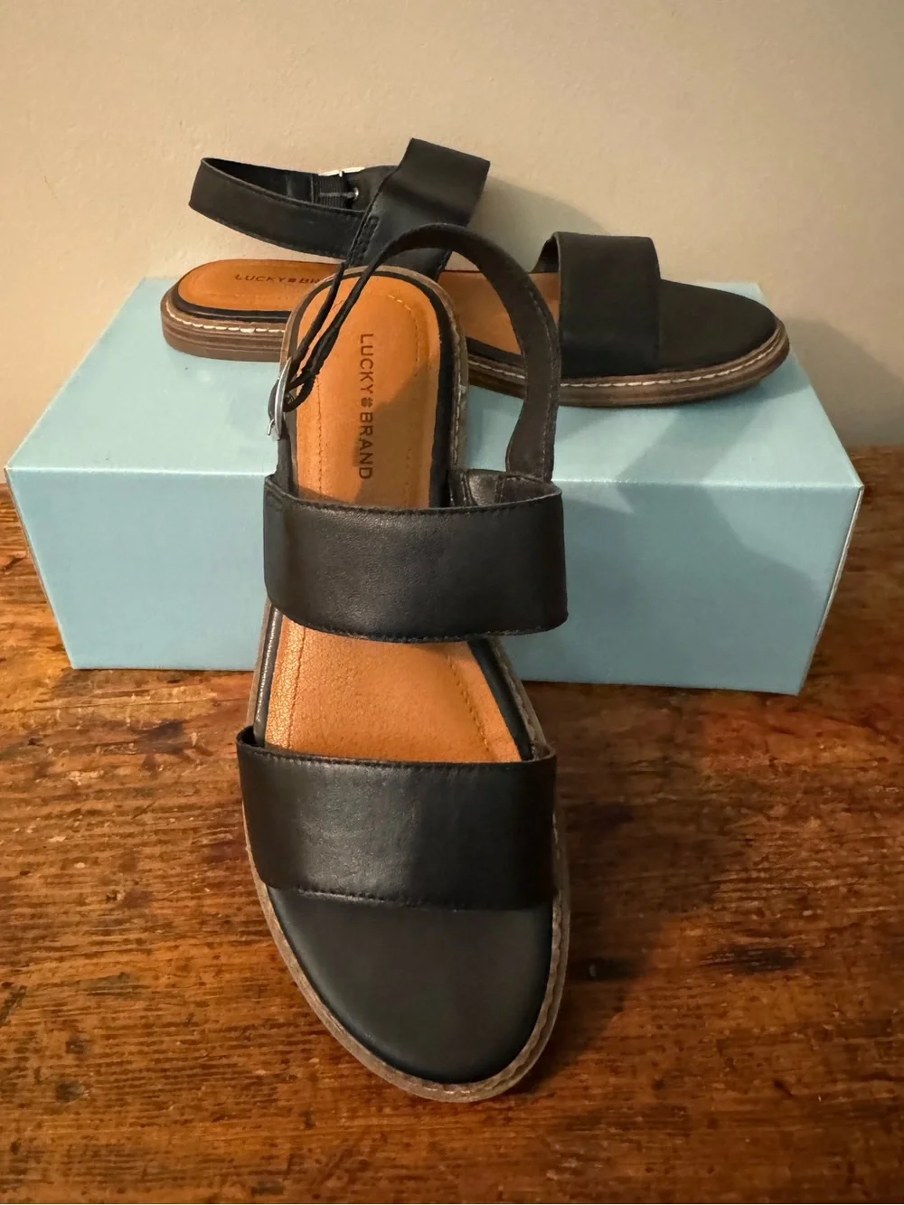 Lucky Brand Black Double-Strap Leather Slingback Sandals, size 9